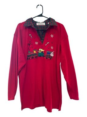 Vintage Y2K Karen Scott Red Long Sleeve Tee w Plaid Collar & Embroidered Train L